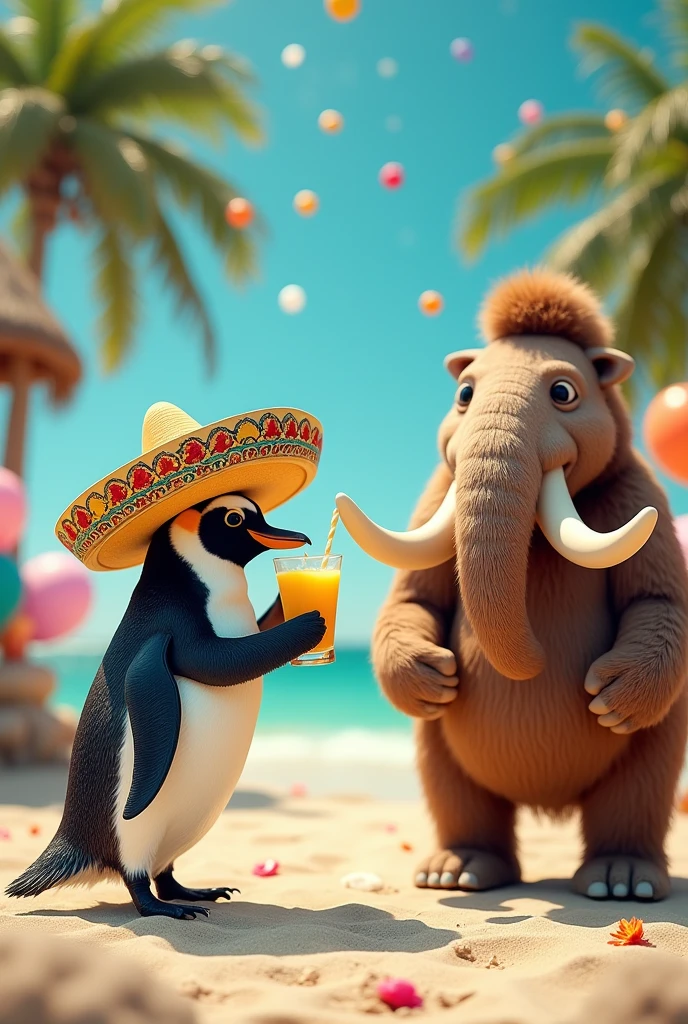 Generate an image of a penguin wearing a mariachi hat drinking pineapple juice, while a mammoth throws the juice at him and they are going to get married