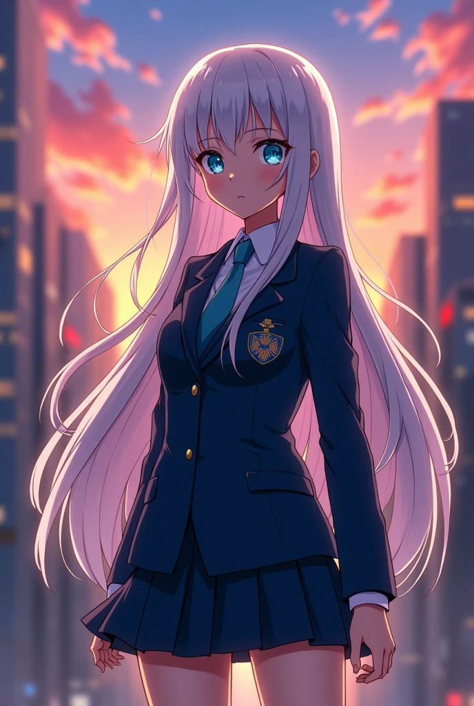 Personnage de my hero academia (anime), fille cheveux long blanc et yeux bleus, corps fin, uniforme de l'école UA, corp en entier ( CORP EN ENTIER)