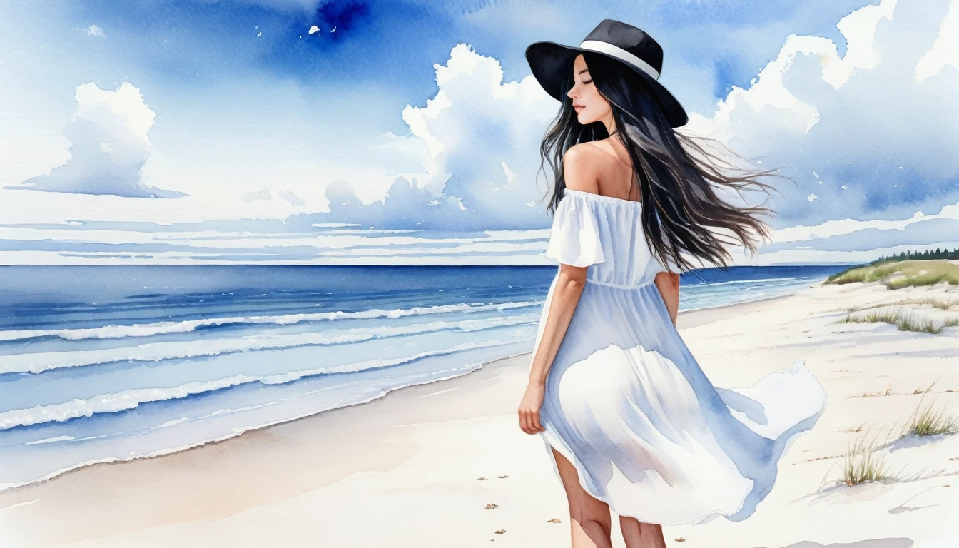 Watercolor art of a white, fine sandy beach，A girl with long flowing hair，long black hair，Wearing a hat to reveal half of your face.Real person presents minimalist style .White off-the-shoulder dress with V-neck and V-neck，looking at the sea，bare feet.photo by full body，blue sky and white clouds，Facing the sea with small waves，