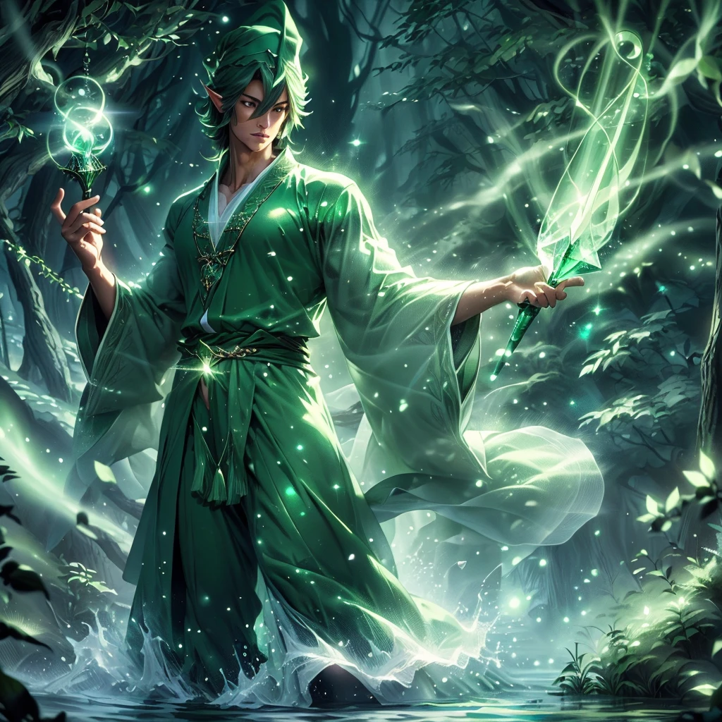 a muscular handsome wizard, extremely detailed face, short hairstyle, looking at the viewer majestically, emerald green robe, wood wand with emerald crystal, wand in hand, sexy look, wizard hat, smooth skin, standing on a lake, doing nature magic,