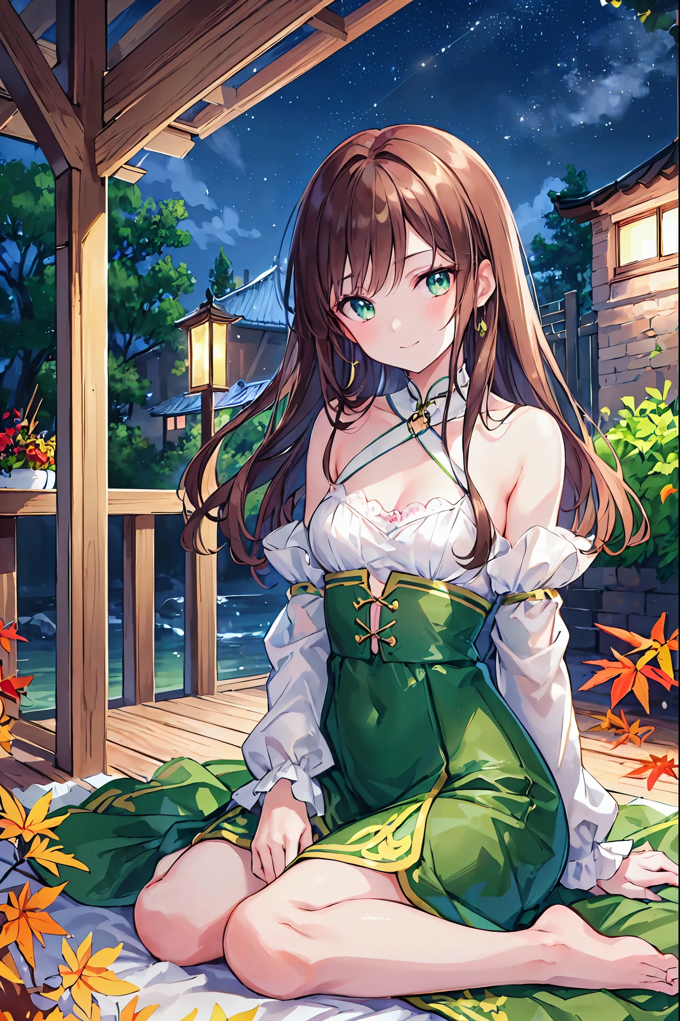 (masterpiece), (Highest quality), Ultra-high resolution, Sharp focus, Warm pastel tones, 自然なat night照明, Soft Shadows, whole body, Mid-range long shot, MLS, (from ground), ((One mature woman, alone)), Very attractive and gorgeous mature woman, Beautiful detailed hair, Brown Hair, sleek long hair, Beautifully detailed face, Perfect beautiful face, (Perfect beautiful eyes, Green Eyes), View your viewers, Comfortable face, smile, feminine fall chic outfits, Barefoot, Autumn season, Sit on the ground, in the garden, (at night:1.1)、Small breasts,Flat chest