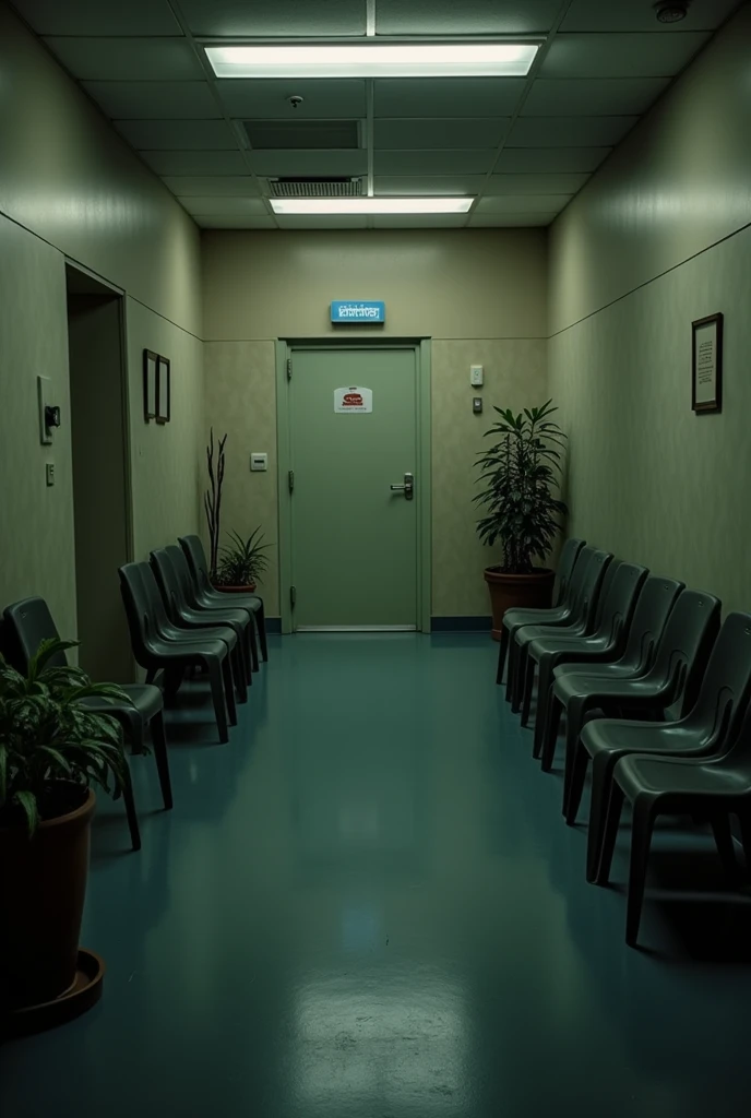 corridor of a clinic waiting to enter a middle-class psychological office on a sunless afternoon
