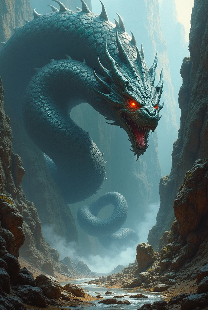 a highly detailed and imaginative painting of a giant hydra, masterfully rendered in the iconic Boris Vallejo fantasy art style, with a dark and dramatic atmosphere, vivid colors, dramatic lighting, and a sense of epic scale and power, (best quality,4k,8k,highres,masterpiece:1.2),ultra-detailed,(realistic,photorealistic,photo-realistic:1.37),fantasy creature, mythical beast, massive hydra with multiple heads, serpentine body, sharp fangs, glowing eyes, detailed scales, dynamic pose, muscular limbs, dramatic shadows and highlights, moody lighting, vibrant colors, surreal landscape background, cliffs, rocky terrain, swirling mist, epic, cinematic, breathtaking