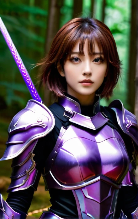 IVE Sakura, Perfect eyes, (ultra realistic:1.5), (standing in the forest:1.2), (close to the photo:1.5), (Black Paladin Armor:1.2), (Intricate:1.2), (looking to the camera:1.2), (Best Quality:1.2), 