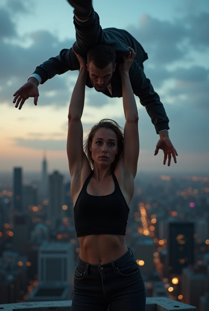 a young woman lifting a scared man over her head, standing on a rooftop near the edge, beautiful detailed face and muscles, (best quality,4k,8k,highres,masterpiece:1.2),ultra-detailed,(realistic,photorealistic,photo-realistic:1.37),hyperrealistic, muscular female figure, dramatic lighting, cinematic composition, intense expression, rooftop setting, cityscape background, tense and thrilling atmosphere