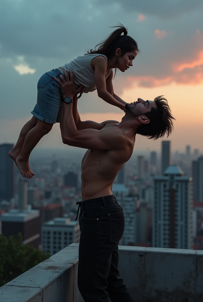 a young woman lifting a scared man over her head, standing on a rooftop near the edge, beautiful detailed face and muscles, (best quality,4k,8k,highres,masterpiece:1.2),ultra-detailed,(realistic,photorealistic,photo-realistic:1.37),hyperrealistic, muscular female figure, dramatic lighting, cinematic composition, intense expression, rooftop setting, cityscape background, tense and thrilling atmosphere