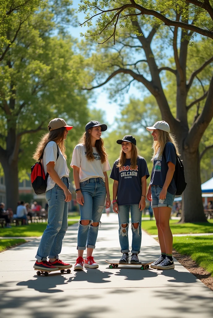 Teenage girls with skater clothes in a realistic park