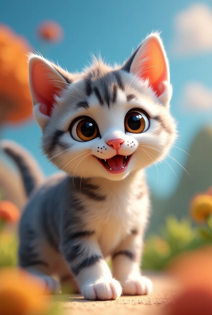 a light and dark gray furred kitten in the style of paw patrol, with dark brown eyes and soft, elegant fur