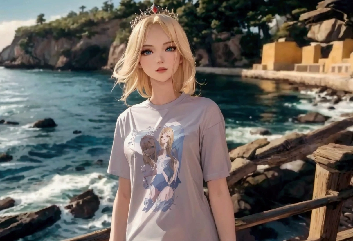 Slim Blonde woman princess in t-shirt sea