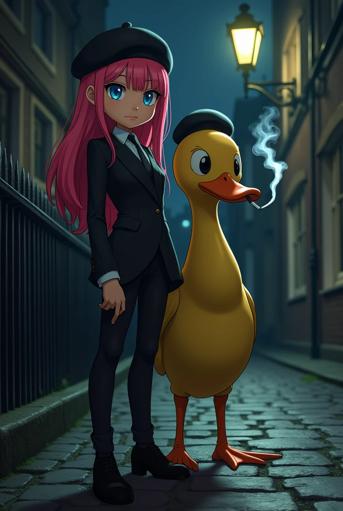 A girl with pink hair and blue eyes next to a yellow humanoid duck, Both are wearing English mafia-style clothing and wearing black berets and smoking a cigarette with serious faces, They are on a street in England at night under a streetlamp. anime girl, dark