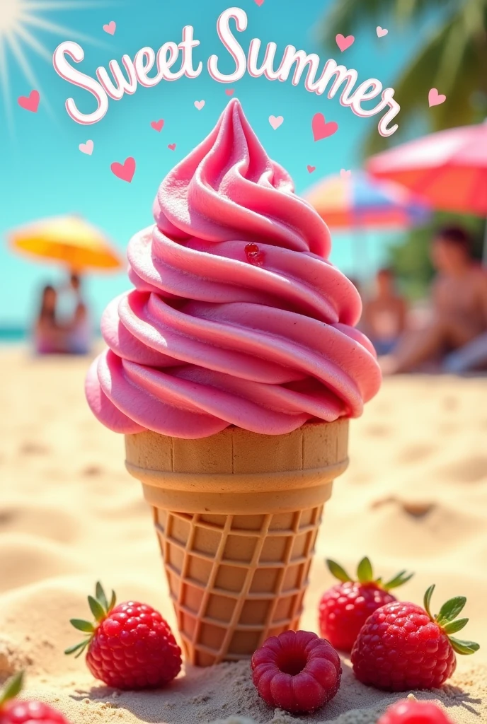 Create an image of a red berry ice cream in a cone with the name sweet summer