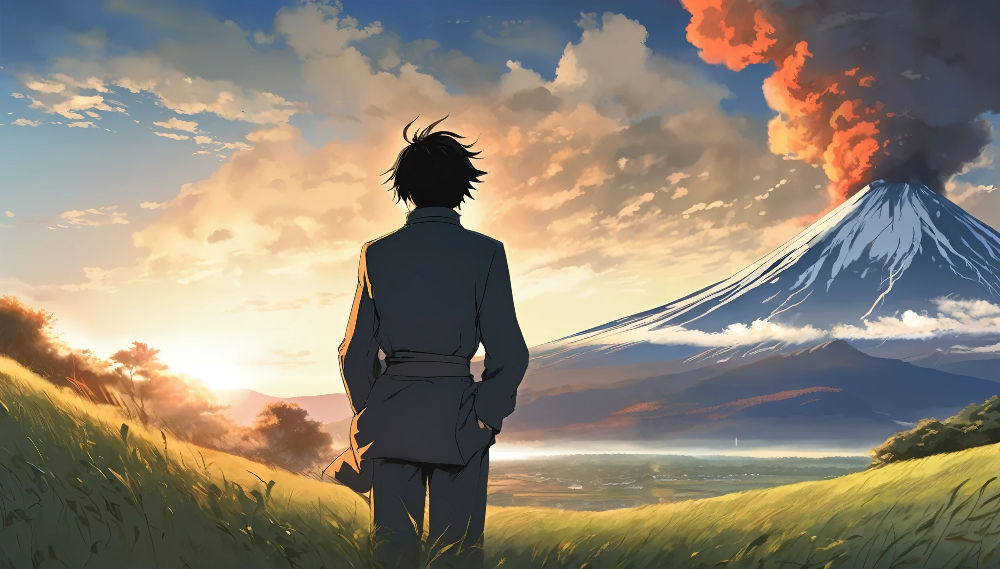 (masterpiece、Highest quality)、Fuji Mountain、Destructive、Draw it clearly and large、Fuji Mountain、scared、A large volcanic eruption、Black smoke billowing from the right slope,A stylish young man stands looking up.、Let your hair flutter in the wind、The gaze is fixed on the distance。The sky is dark、Black smoke is rising.。He looks like a character from a Makoto Shinkai anime film.、The details are drawn with a lot of emotion.。Exploding from the front