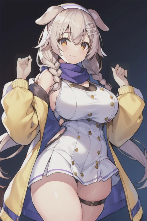 1girl, Korone, smile, dog ears, twin braids, sidelocks, hair ornament, ((white dress)), jacket, yellow jacket, jacket, open clothes, open jacket, dress, short dress, sleeveless dress, huge breasts, wide hips, thick thighs, tall, tall female, mature female, bandana, scarf, hourglass figure, standing, ((mature female)), ((scarf))