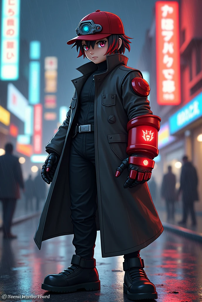 ### Appearance of **Kamemon**:
Kamemon is a robust-looking Digimon, with a mix of human and cybernetic features. Its design stands out for:
- **head**: He wears a dark red cap with metallic details that covers most of his short, dark brown hair, with red strands sticking out from the front. Behind the cap, there is a small device in the form of a visor that helps him to scan his surroundings and his enemies.
- **eyes**: His eyes are hidden behind a pair of gray lenses that shine slightly when he analyzes a situation or detects a nearby danger. These glasses also allow him to see in low-light conditions.
- **body**: His torso is covered by a thick, long dark gray coat, similar to Kamen, that gives it a mysterious appearance. The coat is reinforced with metal plates on the inside to give it greater protection in combat. In his right hand he wears a black glove that strengthens his grip.
- **left arm**: His left arm has been replaced by a fully mechanical arm, bright red with silver details. This arm has multiple functions: can fire energy beams and transform into different combat tools, like a cannon or an extendable claw. In combat situations, the arm emits an intense red glow.
- **legs**: His legs are covered in dark pants that are tucked into black, sturdy metal boots, with white soles that allow him to move quickly and quietly, being agile despite its size.
- **Additional Details**: He wears a crystal bracelet on his right wrist, which appears to be an important component in the operation of his tactical and defensive abilities. This crystal shines at critical moments of combat, helping him to predict enemy movements.