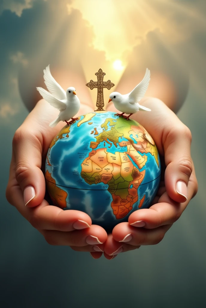 2 Hands holding a world with a dove and a cross on either side 
