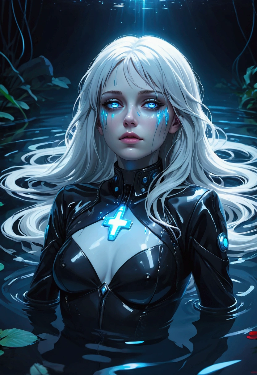 ((best quality)), ((masterpiece)), (detailed), perfect face, a beautiful woman with white long hair and a sky blue reflection, she has a tufted fringe, she has sky blue eyes, she has total black cyber suit clothes with some neon sky blue lights on it, cyber line on her face, she is suffering and dying lying in a pond, she has fatal injuries. total body. There is blood on her body and there is blood in the water.