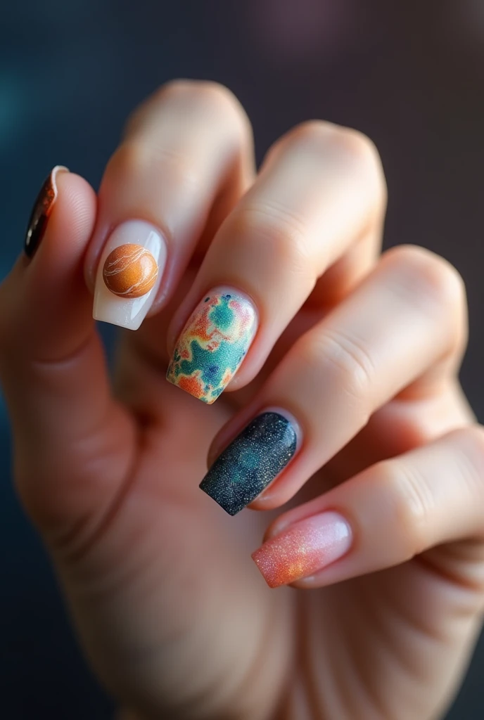 Make me simple nails with light nail polish and 3D Planets