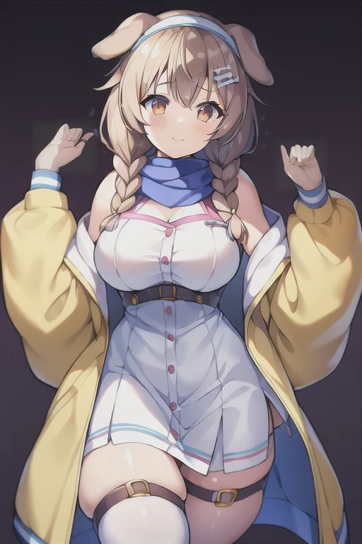 1girl, Korone, smile, dog ears, twin braids, sidelocks, hair ornament, ((white dress)), jacket, yellow jacket, jacket, open clothes, open jacket, dress, short dress, sleeveless dress, huge breasts, wide hips, thick thighs, tall, tall female, mature female, bandana, scarf, hourglass figure, standing, ((mature female)), ((scarf))