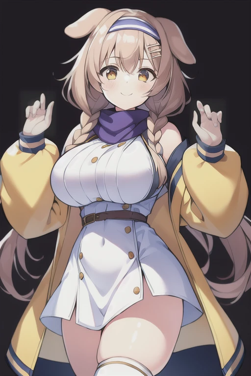 1girl, Korone, smile, dog ears, twin braids, sidelocks, hair ornament, ((white dress)), jacket, yellow jacket, jacket, open clothes, open jacket, dress, short dress, sleeveless dress, huge breasts, wide hips, thick thighs, tall, tall female, mature female, bandana, scarf, hourglass figure, standing, ((mature female)), ((scarf))