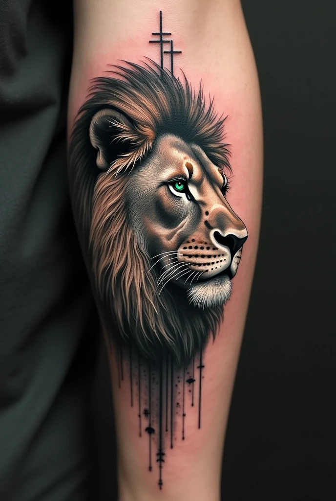 A tattoo closing the arm courage, faith, determination, Production Engineering, Lion or Phoenix or Owl project planner
I want a masculine tattoo , with fewer dark tones and the green eye