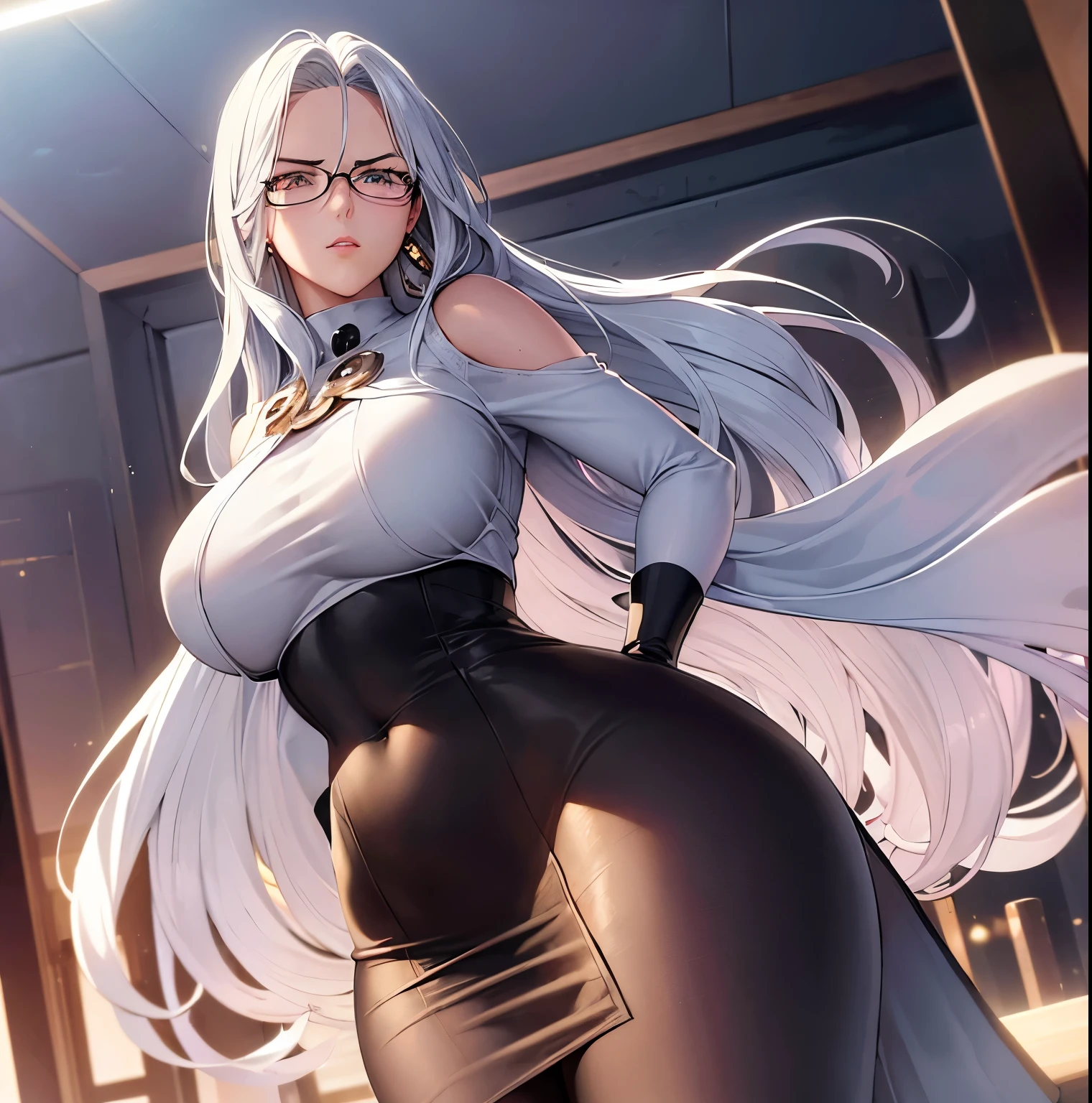 ((1girl)),((alone)),psykos (one punch man),(masterpiece), (best quality), (ultra detailed), (best illustration), (best shadow), (absurdities), sharp focus , cowboy shot, atmospheric perspective, depth of field, dynamic posture looking at the viewer, big breasts, narrow waist, wide hips, wide thighs, round butt, erotic, romantic, (very detailed eyes, lips 1.1), very detailed eyes, eyes, Very detailed face, Very beautiful face, Symmetrical face, Aesthetic face, perfect face, perfect eyes, detailed eyelashes: 1.5), full height, beautiful slim figure, femininity, expressive appearance, elastic big breasts, sexuality, mature woman, hair cyan, wavy hair, very long hair, glasses, earrings, white coat:1.3, tight-fitting gown, neckline;1.3, brooch, underbust, white elbow-length gloves, black pantyhose:1.4, black heels, glare, full body , hand on hip, curves, defined body, Perfect and beautiful body, perfect and beautiful, closed mouth, neutral expression, serious face, blushing, (sexy pose: 1.2), ((solo)), standing: 1.3,(( interior, laboratory, table, test tubes, window, sunset, showcase, clouds)), looking forward, ((focus on thighs)), point of view: (from Middle), perfect anatomy, perfect hands