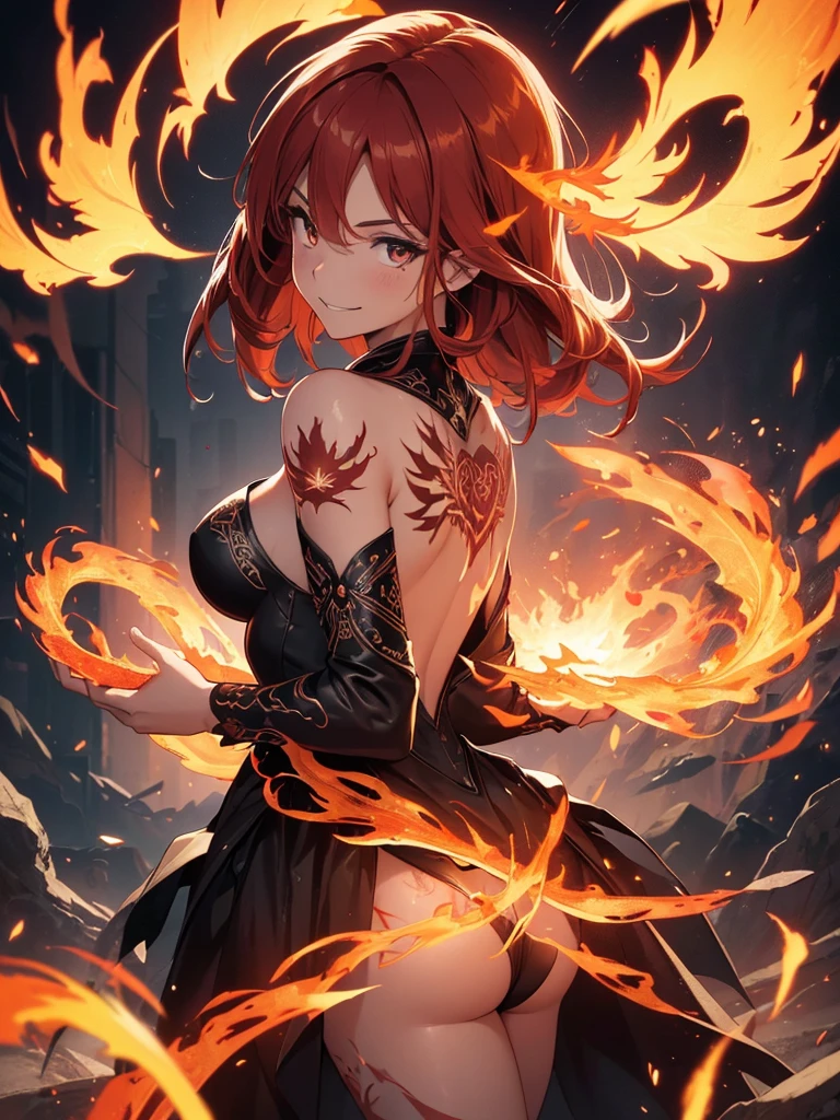 (((best quality, sharp image, clear image, cinematic lighting, 8k resolution, masterpiece, ultra detailed, intricate))) Girl, (((looking over left shoulder))), (shot from behind), ((shot from hip up)), fiery red hair, pigtails, ((intricate black dress)), ((flaming sigils, flaming runes)), spiky rock formations, (flaming lotus flowers frame), (intricate background), (chaotic background), (busy background), ((Phoenix)), (swirling flames), smiling,tatoo on back