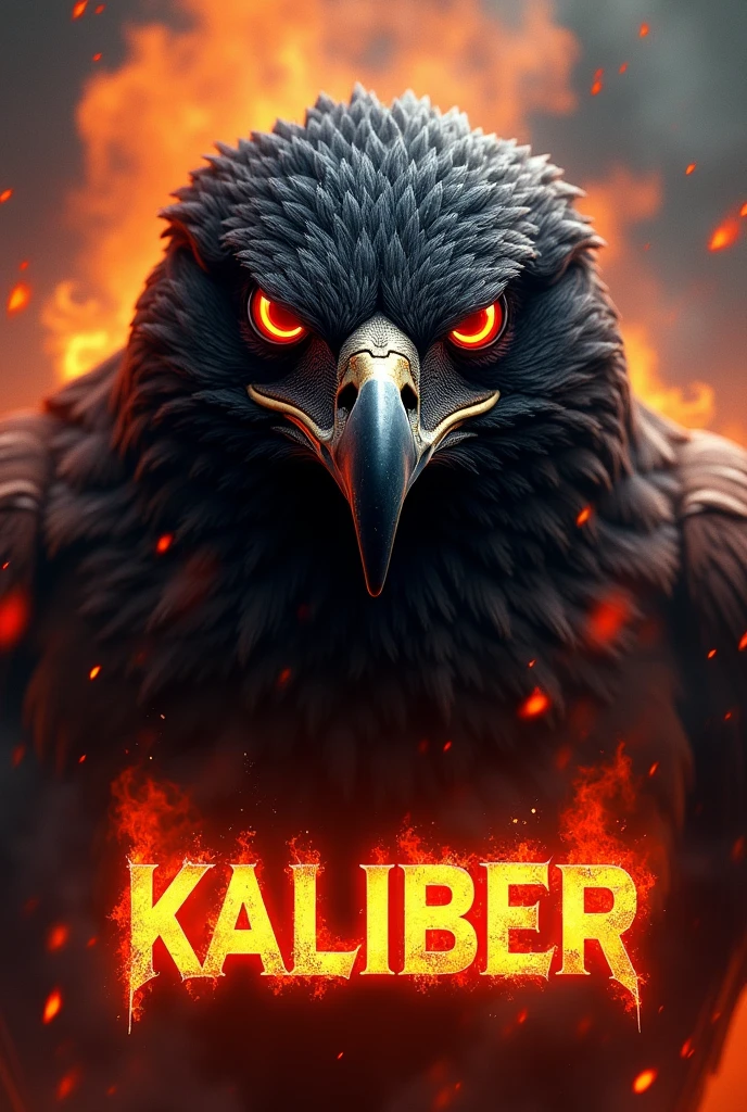 Just the face of a black faced hawk logo with red eyes with the words kaliber below it with Fire and smoke in the background