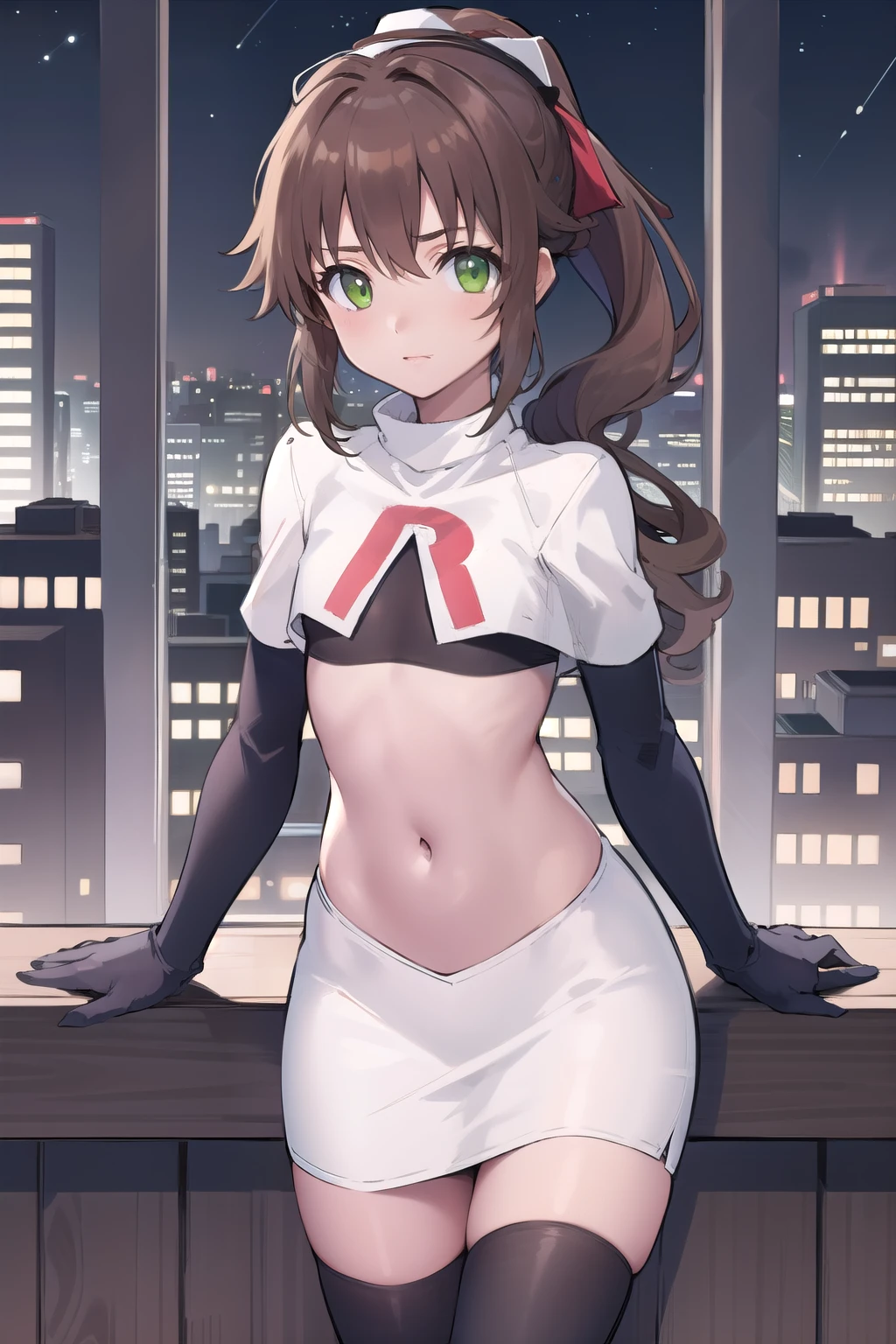 best quality, (masterpiece:1.2), illustration, absurdres,
(1girl), (solo), (beautiful detailed girl),
Towa Herschel, brown hair, ponytail, hair ribbon, green eyes, , small, short, flat chest, small breasts,
white hat, headwear,
team rocket,team rocket uniform,white skirt,red letter R,crop top,black thigh-highs,black elbow gloves,
looking at viewer, 
night, on balcony, city lights, starry sky, overlooking city,