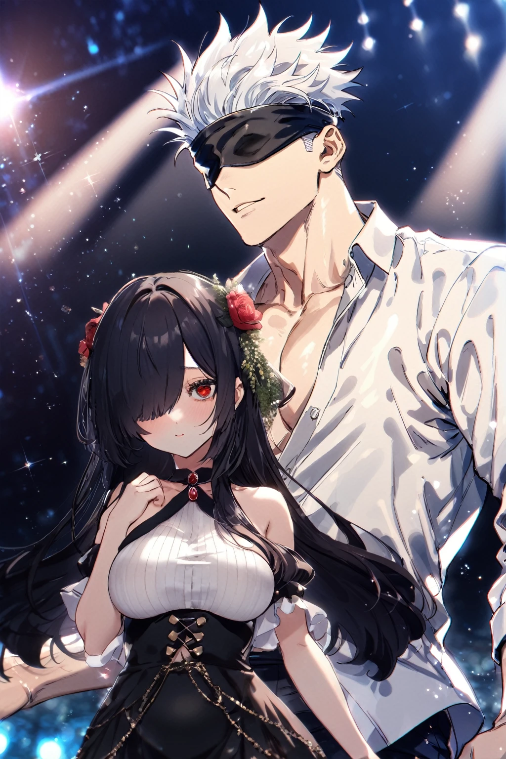 a beautiful woman together with a handsome man, couple, love, sensual, sexy, (beautiful girl, empty eyes, red eyes, straight hair, very long hair, hair over right eye, hair over one eye, black hair, big breasts, short, shy, black bikini), (handsome boy, Jujutsu Kaisen, Gojou Satoru, white hair, black blindfold, covered eyes, smile, white shirt), beach, summer, 8k, UHD, best quality, accurate, masterpiece, anatomically correct