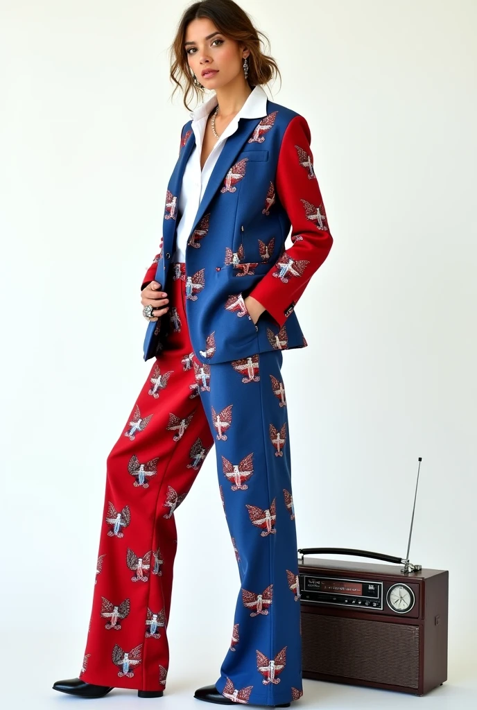 american model girl wearing blue red suit with lot of american eagle pattern , ,((holding her vest in her hand)) , overr size pants , posing for photo , cinematic , white background , rings , high boots , white shirt , full body , old big radio