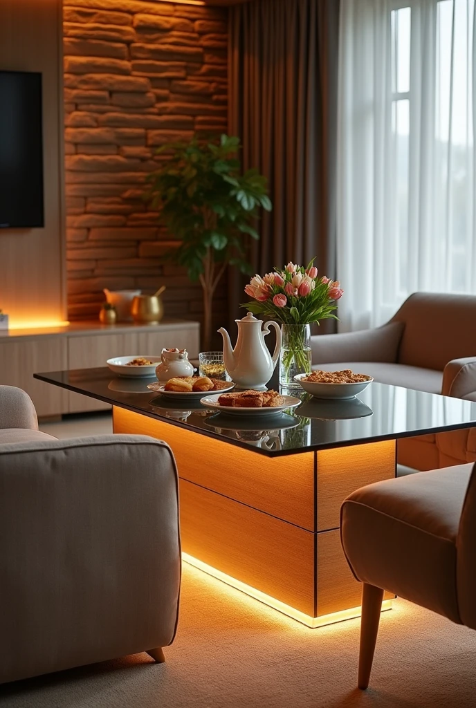 A square hospitality table, handcrafted to be a stylish centerpiece in the guest lounge.. The table top is made of clear glass, adding a touch of sophistication and simply showcasing what is placed on it.. The sides are made of MDF wood clad with textured wallpaper that resembles brick, giving the table a modern and economical feel..
Equipped with soft interior lighting using a warm LED strip, it spreads a soft and beautiful glow throughout the room.. The table is adorned with a stylish teapot and some light breakfast treats, enhancing the hospitality atmosphere and adding a warm and welcoming touch.