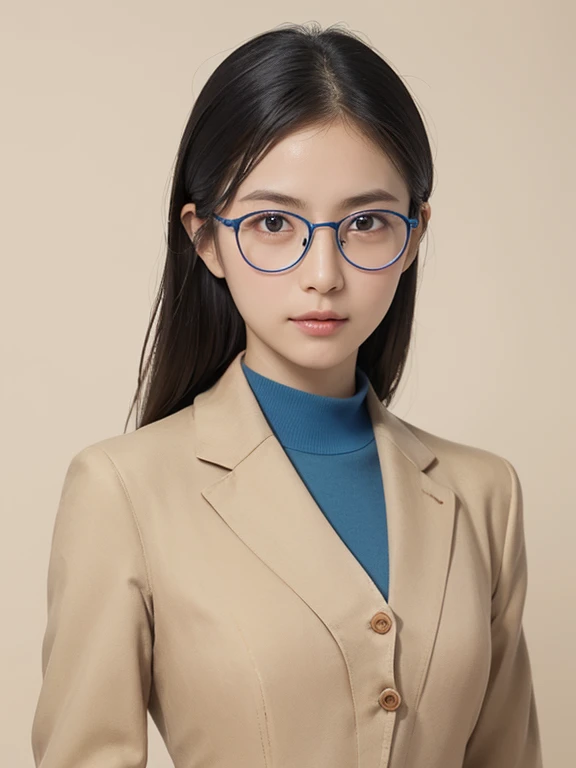 (((ID photo)))、((((Realistic)))), RAW Photos, Japanese women、28 years old、alone、(Body and all)、(look straight ahead)、(Looking at the camera)、(((Beautiful face like an actress))),((((Beige formal suit:1.4)))),(((Delicate round gold-rimmed glasses)))、Anatomically correct、Realistic proportions, Complex,超detailedな,High dynamic、8K Wallpaper、Sharp focus,high quality,((Ultra-high resolution)), masterpiece, completion, detailed.impressive, Attention to detail, ((((Simple blue background)))),No bangs、Long Hair、Realistic skin texture、Hair should be neatly pulled back away from the face.、Posture is to straighten your back and imagine slightly puffing out your chest、Face should be directly facing the camera.、Adjust the gaze so that it is horizontal to the camera.