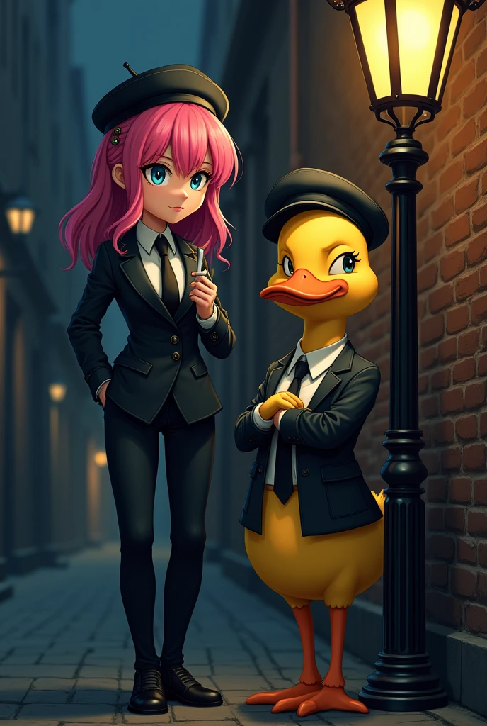 A girl with pink hair and blue eyes next to a yellow humanoid duck, Both are wearing English mafia-style clothing and wearing black berets and smoking a cigarette with serious faces, They are on a street in England at night under a streetlamp. anime girl, dark
