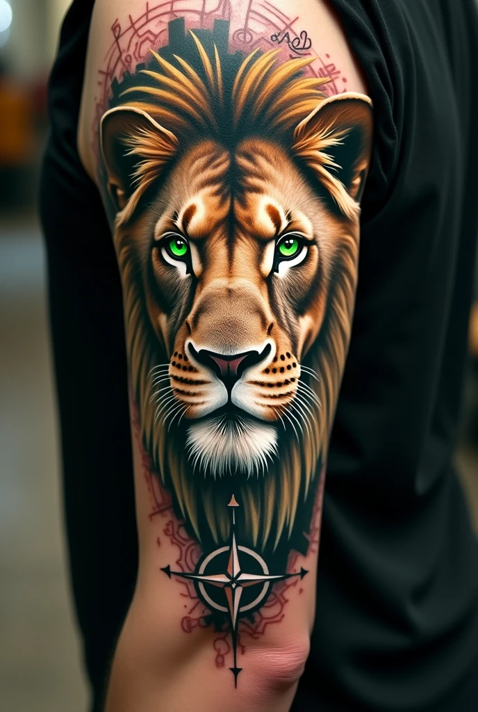 A tattoo closing the arm courage, faith, determination, Production Engineering, Lion or Phoenix or Owl project planner
I want a masculine tattoo , with fewer dark tones and the green eye closing the arm 