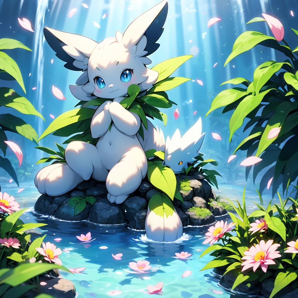 solo, looking at viewer, smile, sitting, closed mouth, full body, flower, water, petals, pokemon \(creature\), no humans, umbreon