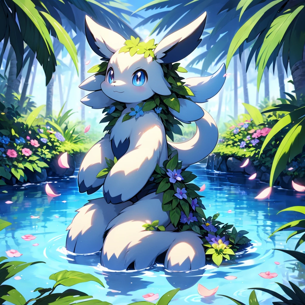 solo, looking at viewer, smile, sitting, closed mouth, full body, flower, water, petals, pokemon \(creature\), no humans, umbreon
