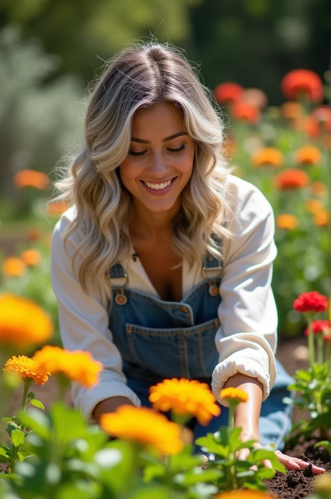 Alejandra Rodríguez, Miss Argentina. Make her hair a little more gray. A blouse and overalls, taking care of her garden, and with a shy smile