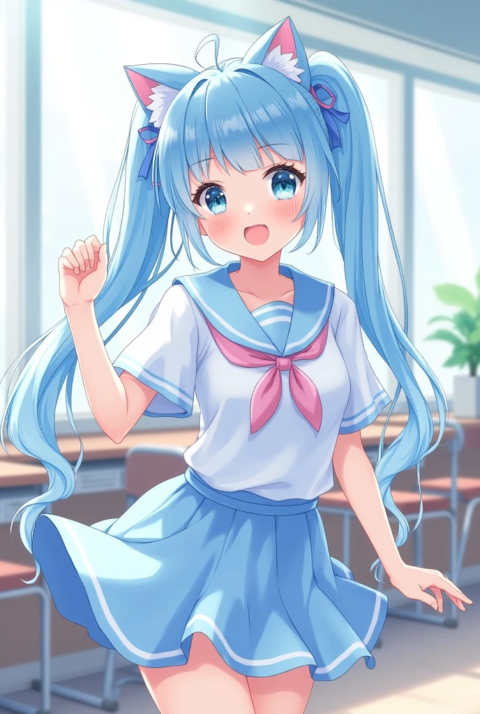 ((Highest quality)), ((masterpiece)), (detailed), Hatsune Miku，Young face，Looking up，Close your mouth，smile，Long blue hair in twin tails，room，Sit on a chair，Swing your legs，Primary school students，White shirt，Black pleated skirt，Knee-high socks，Brown loafers，Short legs，Flexible body，Primary school students， body type，