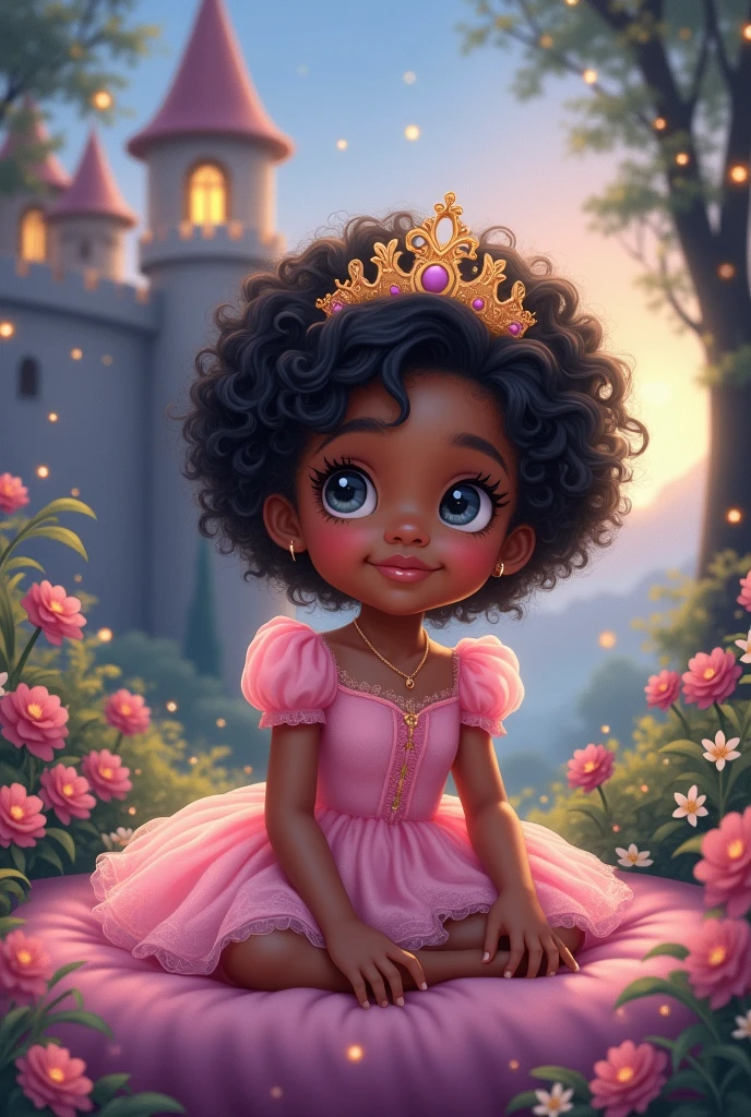 A  princess with a pink dress and black curly hair

