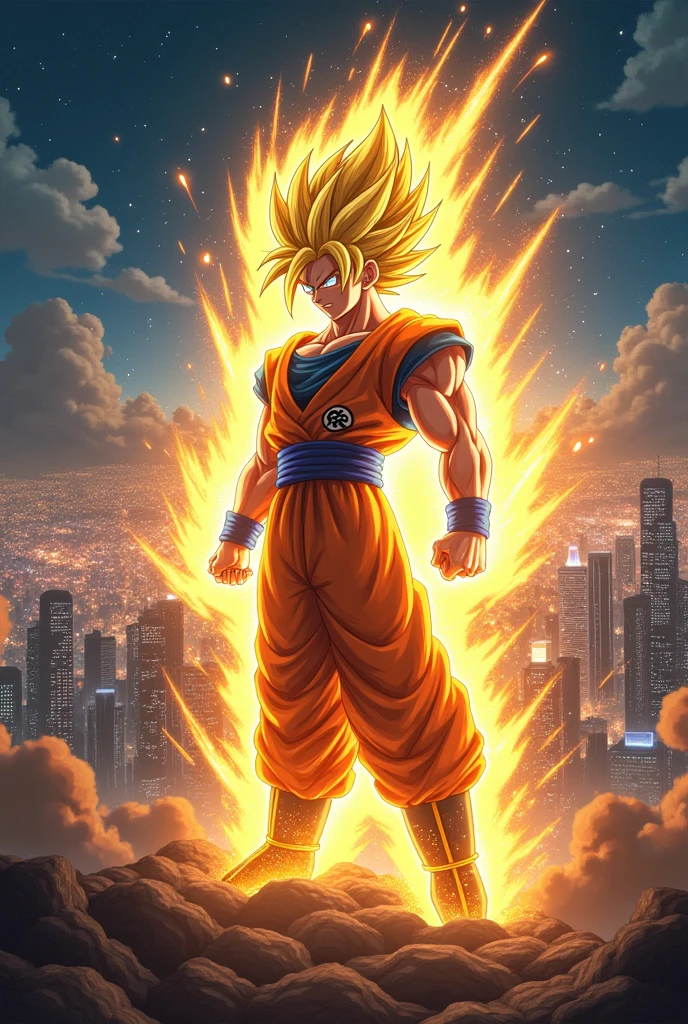 Goku, a Super Saiyan 7, fighting in the night sky above a city