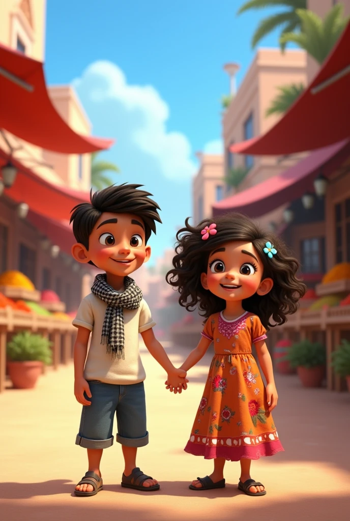 Create an animated image of a Palestinian boy and girl, Israeli introducing you