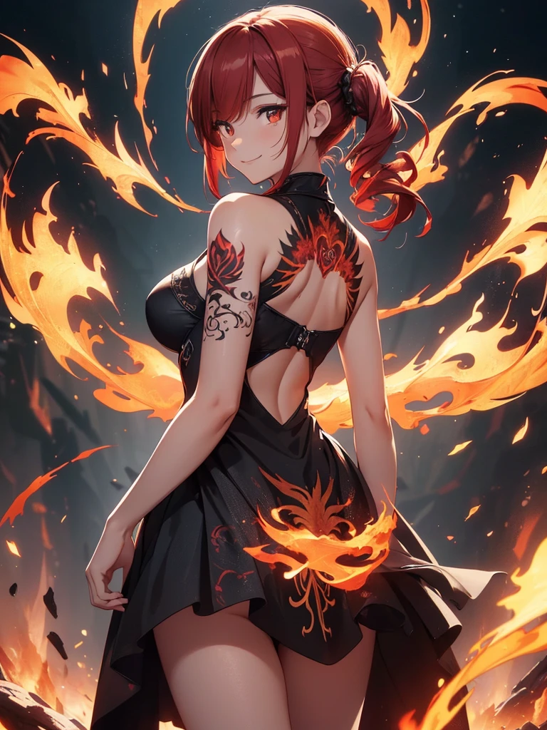 (((best quality, sharp image, clear image, cinematic lighting, 8k resolution, masterpiece, ultra detailed, intricate))) Girl, (((looking over left shoulder))), (shot from behind), ((shot from hip up)), fiery red hair, pigtails, ((intricate black dress)), ((flaming sigils, flaming runes)), spiky rock formations, (flaming lotus flowers frame), (intricate background), (chaotic background), (busy background), ((Phoenix)), (swirling flames), smiling,tatoo on back