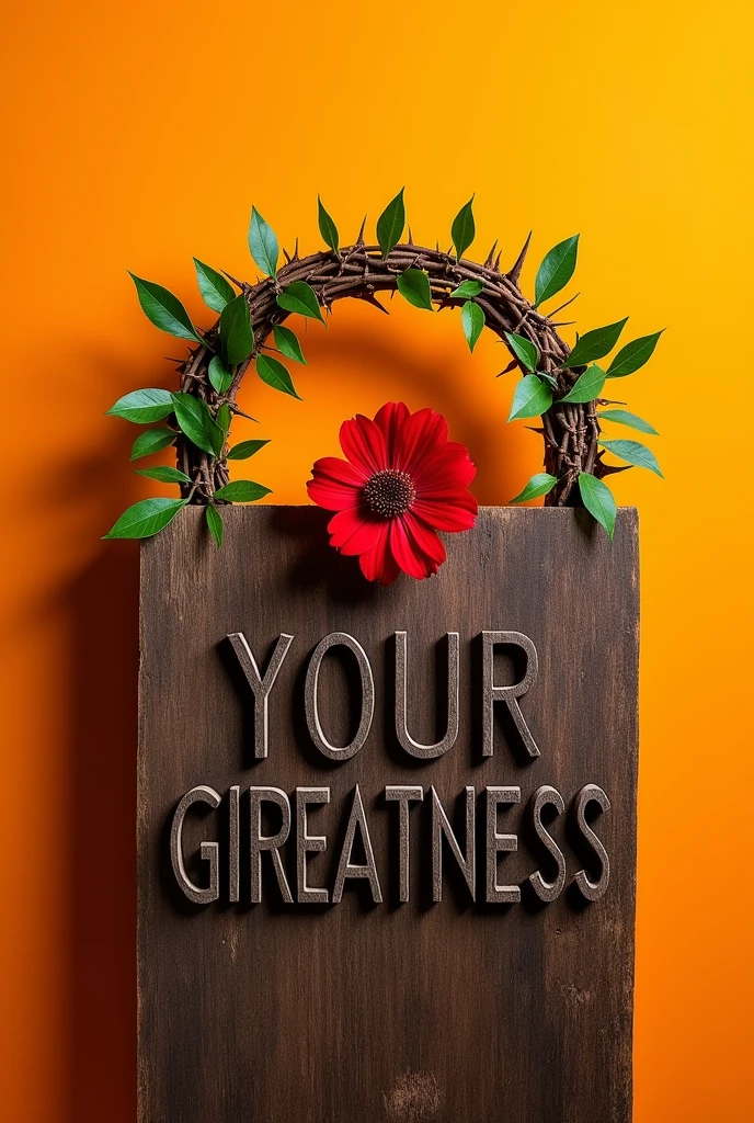 written in wood on an orange background is the word  "YOUR GREATNESS" above this is a crown of thorns with a red flower being reborn