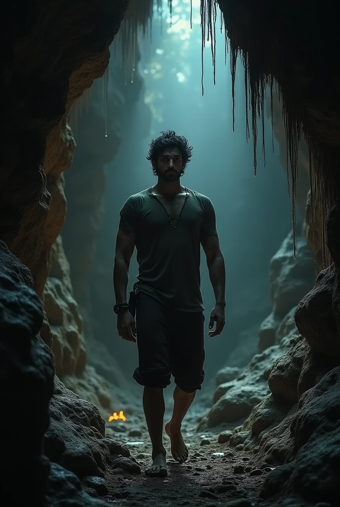 **The cave walls began to close in, and Vikram had already fled, leaving Arjun alone.**
*The cave’s walls starting to shift and close in, creating a sense of impending doom as Arjun stands alone, with no sign of Vikram in sight.*