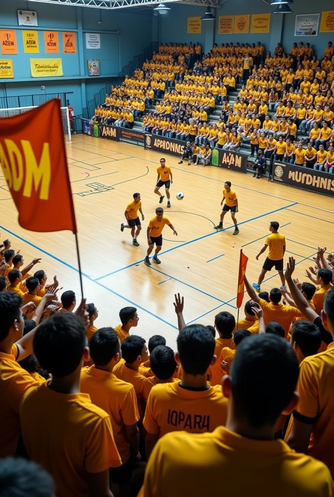 Create a realistic illustration with a crowd dressed all in yellow with flags saying "ADM" and also posters with the same written, in the background a futsal court in a small sports gym with 5 players. 

The gym has only one stand.