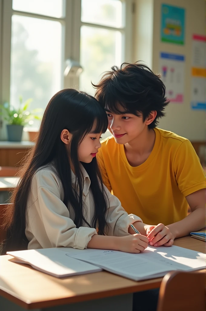 A girl with black long hair is preparing a lesson in the classroom, a strong guy with dark hair is next to her, he wants to smell her hair, a white shirt is on the girl, a yellow shirt is on the guy