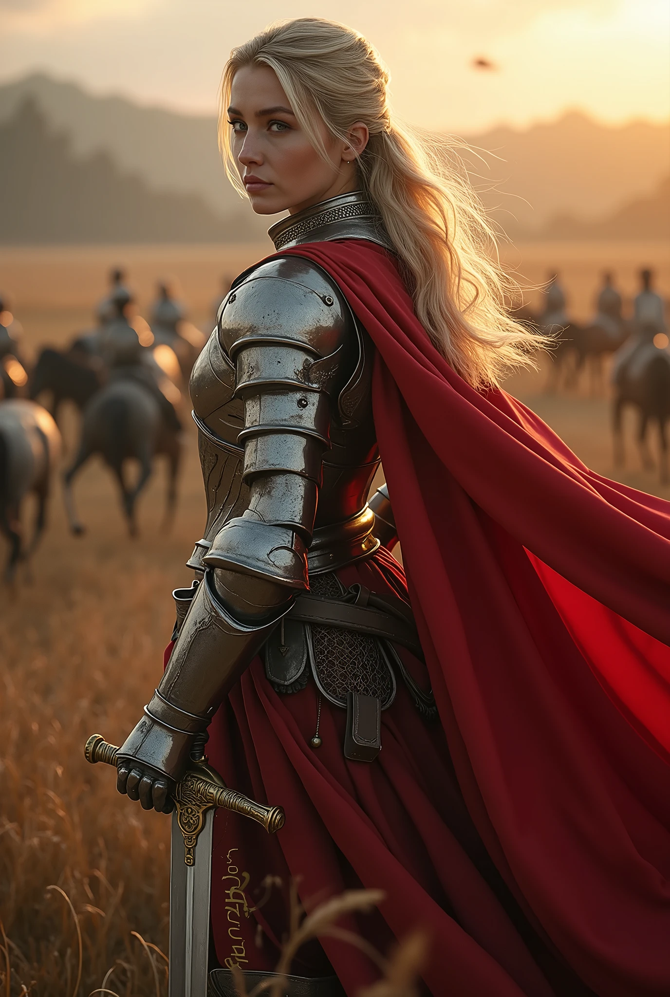 A movie poster depicting a female knight wielding a sword on a battlefield with the words "SeaArt x infinity" written in large letters in the center, ((masterpiece, top quality, high resolution, highly detailed CG unified 8K wallpaper)), (huge stunning goddess shot, very hot and sexy, jaw dropping beauty, perfect proportions, beautiful body, slim body beauty:1.3), (A medieval female knight in luminous armor:1.5), (Her long blond hair is tied back, Wearing armor on bare skin, red cape on back, harnessed in finely crafted, detailed armor, with a sword hanging from a thick belt:1.5), Visible thighs, view from above, female knight,