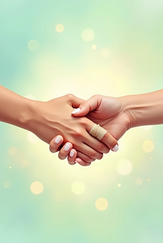 Two hands shaking hands that together form a heart. One of the hands has a injured finger, Well, it has a bandage. The image must be related to hand rehabilitation therapy. The colors must have tones according to health and rehabilitation. The image has to be a vector type to be used as a logo