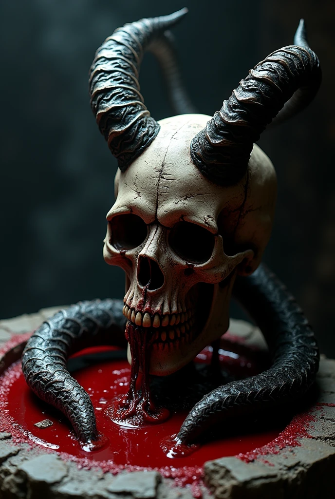 Realistic photo, baphomet skull, blood fountain, pentagram, satan, hell 666