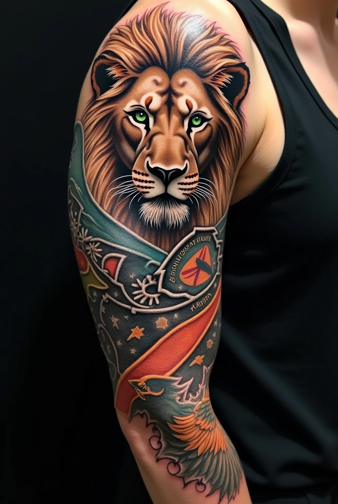 A tattoo closing the arm courage, faith, determination, Production Engineering, Lion or Phoenix or Owl project planner
I want a masculine tattoo , with fewer dark tones and the green eye closing the arm I want more symbols 